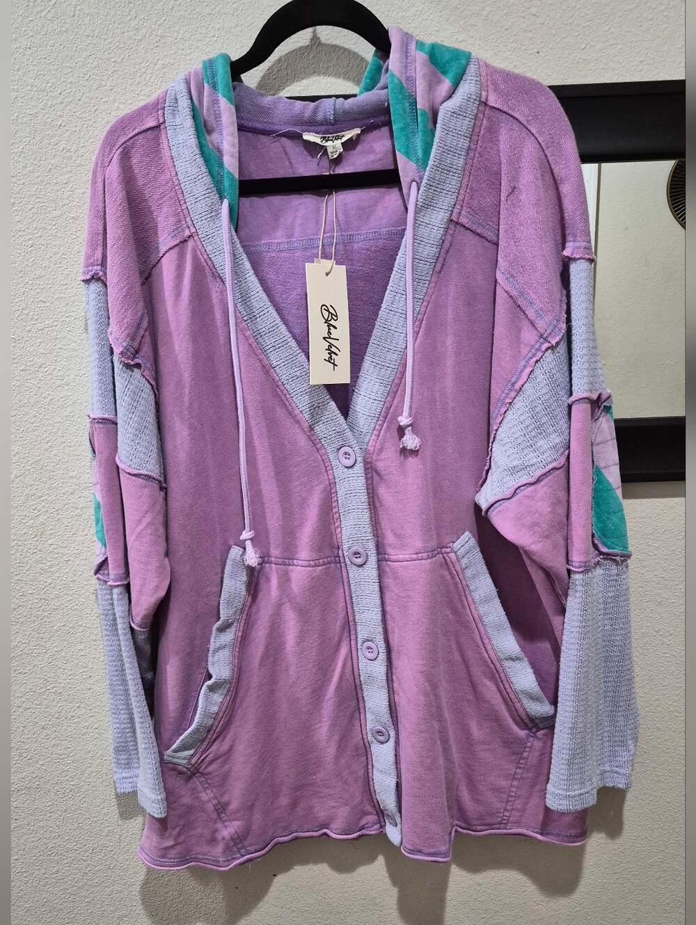 Blue Velvet Boho Oversized Pink & Lavender Colorblock Hooded Cardigan | XL | NWT